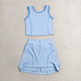 Solid Sky Blue Vest Athletic Shorts Girls Skirt Sets