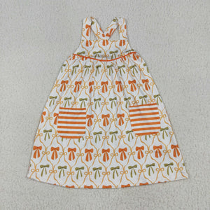 Orange Green Bow Pattern Girls Halloween Dress