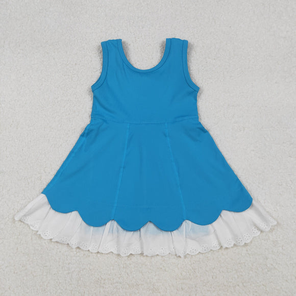 Solid Blue Scalloped Lace Ruffles Athletic Shorts Girls Sleeveless Dress