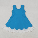 Solid Blue Scalloped Lace Ruffles Athletic Shorts Girls Sleeveless Dress