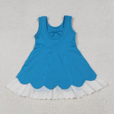 Solid Blue Scalloped Lace Ruffles Athletic Shorts Girls Sleeveless Dress