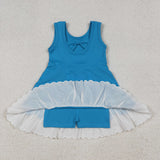 Solid Blue Scalloped Lace Ruffles Athletic Shorts Girls Sleeveless Dress