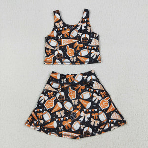 Football Bow Pattern Black Athletic Shorts Girls Skirt Sets