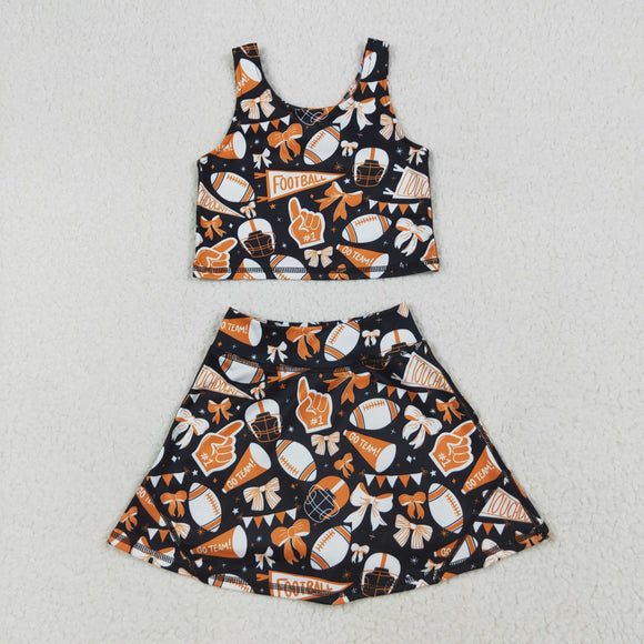 Football Bow Pattern Black Athletic Shorts Girls Skirt Sets