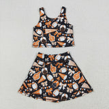 Football Bow Pattern Black Athletic Shorts Girls Skirt Sets