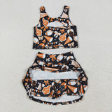 Football Bow Pattern Black Athletic Shorts Girls Skirt Sets