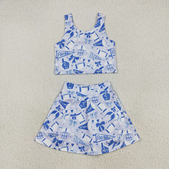 Football Blue Bow Pattern Gray Athletic Shorts Girls Skirt Sets
