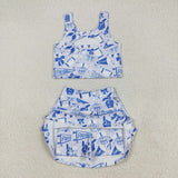 Football Blue Bow Pattern Gray Athletic Shorts Girls Skirt Sets