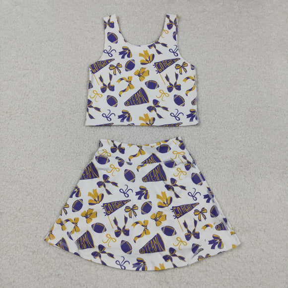 Football Bow Pattern Purple Golden Athletic Shorts Girls Skirt Sets