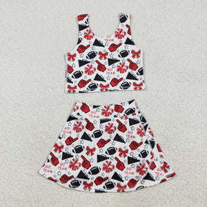Football Red Bow Pattern White Athletic Shorts Girls Skirt Sets