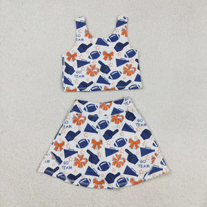 Football Bow Pattern Orange Blue Athletic Shorts Girls Skirt Sets