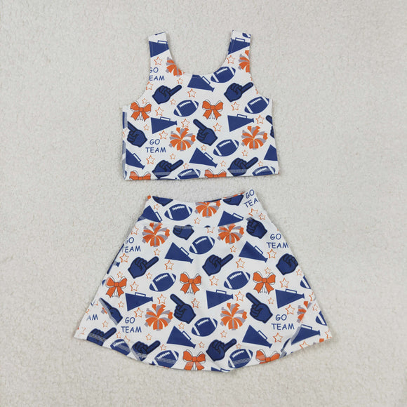 Football Bow Pattern Orange Blue Athletic Shorts Girls Skirt Sets