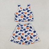 Football Bow Pattern Orange Blue Athletic Shorts Girls Skirt Sets