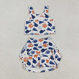 Football Bow Pattern Orange Blue Athletic Shorts Girls Skirt Sets