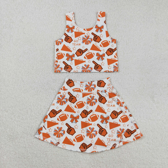 Football Bow Pattern Orange White Athletic Shorts Girls Skirt Sets
