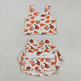 Football Bow Pattern Orange White Athletic Shorts Girls Skirt Sets