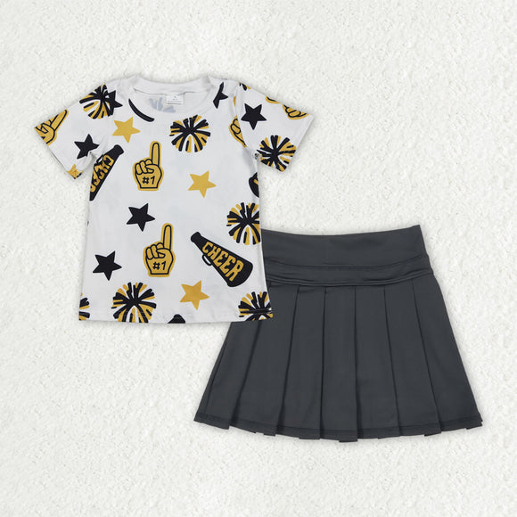 Cheer Stars Firework Golden White Black Pleated Athletic Shorts Girls Skirt Sets