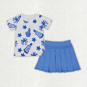 Cheer Stars Firework Blue White Pleated Athletic Shorts Girls Skirt Sets
