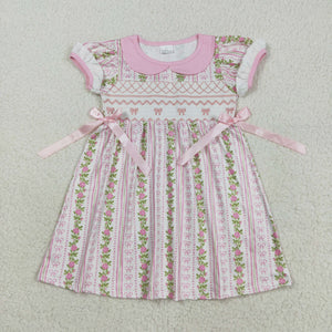 Floral Bow Stripe Embroidery Girls Short Sleeve Dress