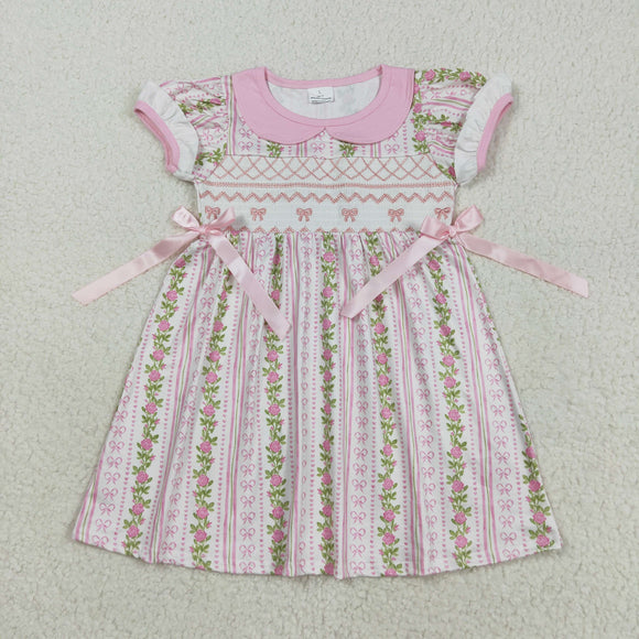 Floral Bow Stripe Embroidery Girls Short Sleeve Dress