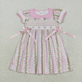 Floral Bow Stripe Embroidery Girls Short Sleeve Dress