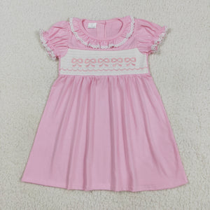 Bow Embroidery Lace Ruffles Pink Girls Short Sleeve Dress
