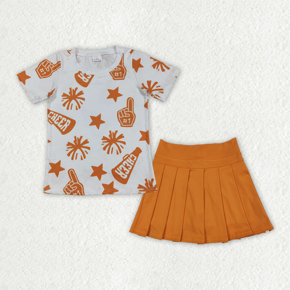 Cheer Stars Firework Orange White Pleated Athletic Shorts Girls Skirt Sets