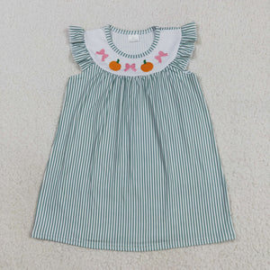 Bow Orange Embroidery Stripe Girls Flutter Sleeve Dress