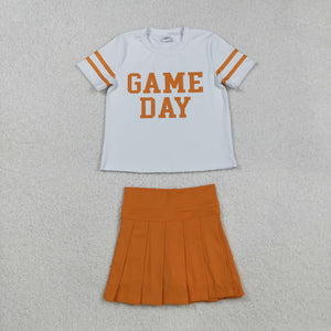 Game Day White Orange Pleated Athletic Shorts Girls Skirt Sets