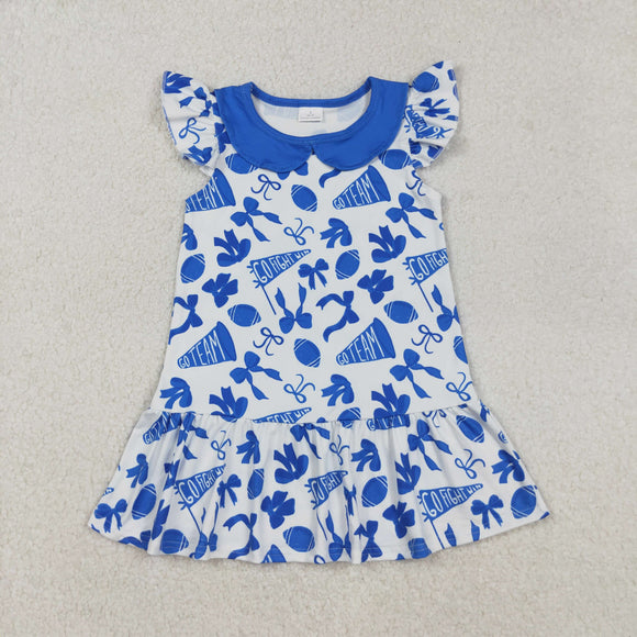 Go Team Bow Pattern Blue White Girls Flutter Sleeve Dress