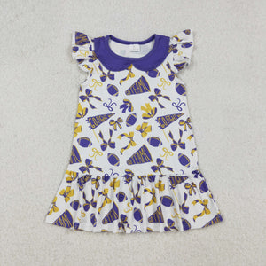 Go Team Bow Pattern Purple Yellow White Girls Flutter Sleeve Dress