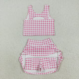 Pink White Plaid Shorts Athletic Girls Swimsuits