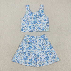 Blue Floral White Athletic Shorts Girls Swimsuits