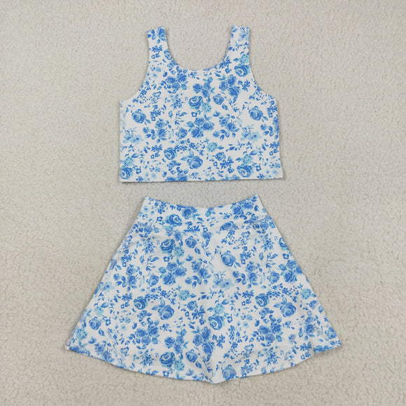 Blue Floral White Athletic Shorts Girls Swimsuits