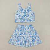 Blue Floral White Athletic Shorts Girls Swimsuits