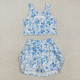 Blue Floral White Athletic Shorts Girls Swimsuits