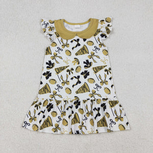 Go Team Bow Pattern Golden White Girls Flutter Sleeve Dress
