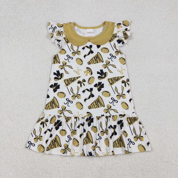 Go Team Bow Pattern Golden White Girls Flutter Sleeve Dress