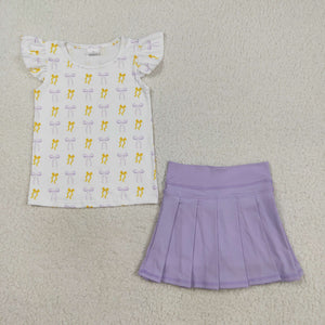 Yellow Purple Bow Pattern Purple Pleated Athletic Shorts Girls Skirt Sets