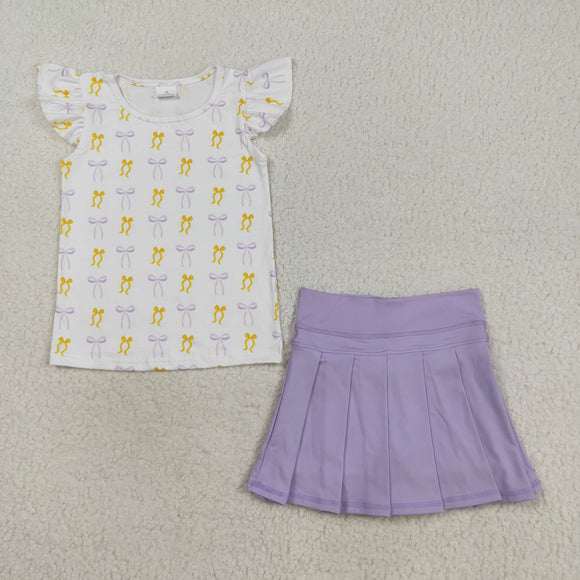Yellow Purple Bow Pattern Purple Pleated Athletic Shorts Girls Skirt Sets