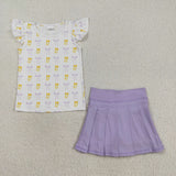Yellow Purple Bow Pattern Purple Pleated Athletic Shorts Girls Skirt Sets