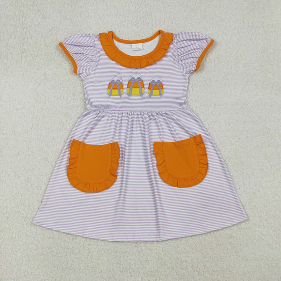 Bow Candy Purple Stripe Orange Pockets Girls Halloween Dress