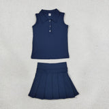 Solid Navy Vest Pleated Athletic Shorts Girls Skirt Sets