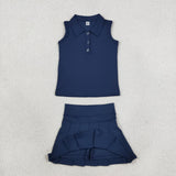 Solid Navy Vest Pleated Athletic Shorts Girls Skirt Sets