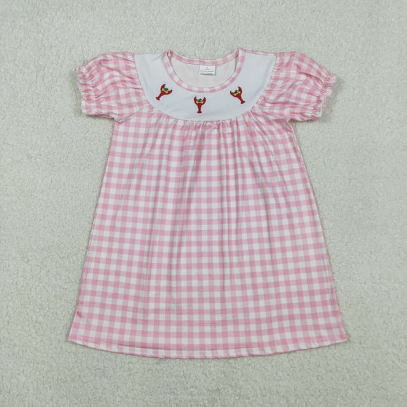 Crayfish Embroidery Pink Plaid Girls Mardi Gras Dress