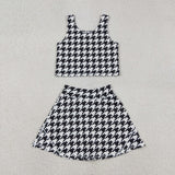 Black White Houndstooth Athletic Shorts Girls Skirt Sets