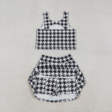 Black White Houndstooth Athletic Shorts Girls Skirt Sets