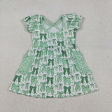 Green Bow Pattern Plaid Pockets Girls St. Patrick's Day Dress