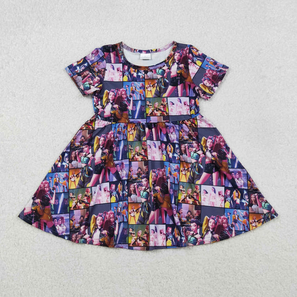 Cartoon Pop Plaid Purple Girls Short Sleeve Dress