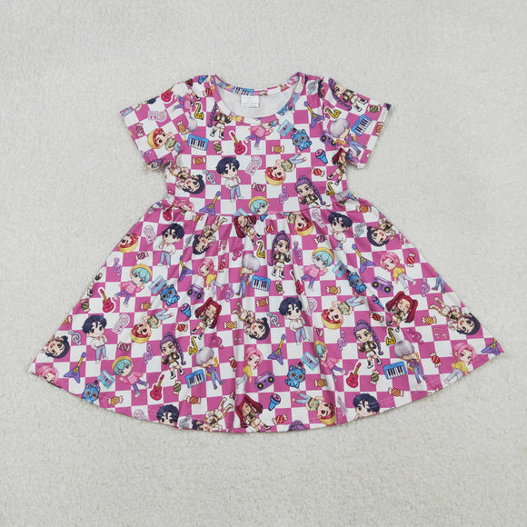 Cartoon Pop Pink White Plaid Girls Short Sleeve Dress